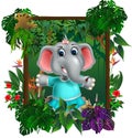 Cute Little Elephant Kid In Forest With Tropical Plant Flower In Wood Square Frame Cartoon Royalty Free Stock Photo