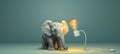 Cute little elephant and light bulb showing ideas, concepts, creativity, minimalist watercolor style. Generative ai Royalty Free Stock Photo