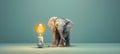 Cute little elephant and light bulb showing ideas, concepts, creativity, minimalist watercolor style.