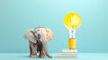 Cute little elephant and light bulb showing ideas, concepts, creativity, minimalist watercolor style. Royalty Free Stock Photo