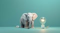 Cute little elephant and light bulb showing ideas, concepts, creativity, minimalist watercolor style. Generative ai