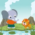 cute little elephant and little lion play around swamp. Funny Kid Graphic Illustration. T-Shirt Design for children. Creative Royalty Free Stock Photo