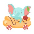 Cute Little Elephant Riding Toy Car Made of Eclair and Candies, Funny Adorable Animal in Transport Vector Illustration