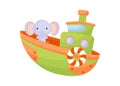 Cute little elephant sailing on green ship. Cartoon character for childrens book, album, baby shower, greeting card, party Royalty Free Stock Photo