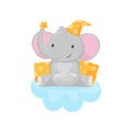 Cute little elephant sitting on a cloud, lovely animal cartoon character, good night design element, sweet dreams vector Royalty Free Stock Photo