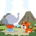 Cute little elephant and little tiger play around swamp. Funny Kid Graphic Illustration. T-Shirt Design for children. Creative Royalty Free Stock Photo
