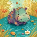 Cute little hippo vivid color background. Cartoon style animal illustration, generative AI Royalty Free Stock Photo