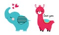 Cute Little Elephant and Wooly Llama with Heart as Valentine Day Celebration Vector Set