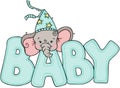 Cute little elephant with word baby of blue