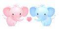 Cute little elephants, pink and blue one. Funny twins, girl and boy.