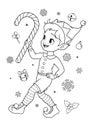 Cute little Elf dancing with Christmas candy cane. Santas little helper coloring book page for kids vector illustration. Royalty Free Stock Photo