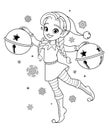 Cute little Elf girl with Christmas jingle bells. Santas little helper coloring book page vector illustration. Royalty Free Stock Photo