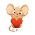 Cute little enamored mouse holding red heart. Adorable funny baby animal character cartoon vector illustration