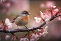 Cute little European Robin bird close-up photo. European Robin bird sitting on a cherry blossom tree branch. A realistic and Royalty Free Stock Photo