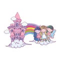 Cute little fairies group with rainbow and castle Royalty Free Stock Photo