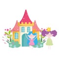 Cute little fairies princess tale cartoon castle flowers Royalty Free Stock Photo