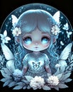 Cute little fairy girl with white flowers and blue eyes. Fantasy illustration Royalty Free Stock Photo