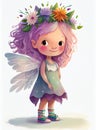 Cute little fairy girl with wings and flowers wreath in her hair. Cartoon llustration for children\'s book, isolated on white