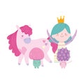 Cute little fairy princess with magic unicorn mushroom tale cartoon