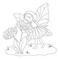 Cute little fairy sniffing flower. Vector outline illustration for coloring page isolated on white background