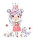 Cute little fairy with wings in a pink dress. The princess in the crown walks with a dragon or dinosaur. Fairytale girl, color Royalty Free Stock Photo