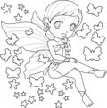 Cute little fairy with wings, white background for kids coloring book, vector illustration Royalty Free Stock Photo