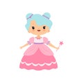 Cute Little Fairytale Princess Girl in Pink Dress with Magic Wand Cartoon Vector Illustration