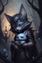 Cute little fantasy animal dark creatures, dark forest, oil painting style, illustration