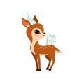 Cute little fawn character wearing party hat with gift box vector Illustration on a white background