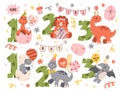 Cute little figure of dinosaurs with birthday numbers and decoration set vector illustration Royalty Free Stock Photo