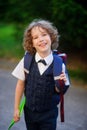 Cute little first grader goes to school. Royalty Free Stock Photo