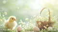 Cute little fluffy yellow chicken Easter eggs and wicker basket with chamomile flowers. Pastel colors soft morning light