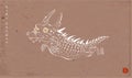 Cute little flying dragon in oriental style on brown parcel paper background. Translation of hieroglyph - joy