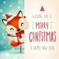 Cute little fox with big signboard. Merry Christmas calligraphy lettering design