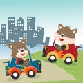 Cute Little Fox Cartoon Driving A Vintage Race Car. Vector Childish Background For Fabric Textile, Nursery Wallpaper, Card, Poster