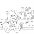 Cute little fox driving a taxy go to downtown, funny animal cartoon, Trendy children graphic with Line Art Design Hand Drawing