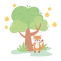 Cute little fox flowers tree meadow cartoon animals in a natural landscape Royalty Free Stock Photo