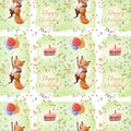 Cute little fox flying with balloons, birthday seamless pattern, watercolor style background Royalty Free Stock Photo