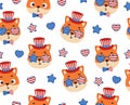 Cute little fox head in USA patriotic hat seamless childish pattern. Funny cartoon animal character for fabric, wrapping Royalty Free Stock Photo