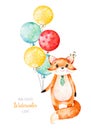 Cute little Fox with multicolored balloons Royalty Free Stock Photo