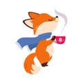 Cute Little Fox in Scarf Smelling Hot Winter Drink Aroma Vector Illustration