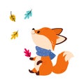 Cute Little Fox in Scarf Watching Autumn Leaf Fall Vector Illustration
