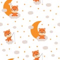 Cute little fox sitting on cloud and fishing star seamless childish pattern. Funny cartoon animal character for fabric Royalty Free Stock Photo