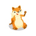 Cute little fox sitting on the floor and waving his paw, funny pup cartoon character vector Illustration on a white Royalty Free Stock Photo