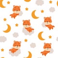 Cute little fox sleeping on cloud seamless childish pattern. Funny cartoon animal character for fabric, wrapping Royalty Free Stock Photo