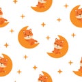 Cute little fox sleeping on moon seamless childish pattern. Funny cartoon animal character for fabric, wrapping, textile Royalty Free Stock Photo