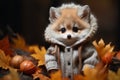 a cute little fox in a sweater sitting in autumn leaves