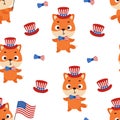 Cute little fox in USA patriotic hat seamless childish pattern. Funny cartoon animal character for fabric, wrapping Royalty Free Stock Photo