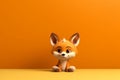 Cute little fox on orange background, 3d rendering space for text generative ai.