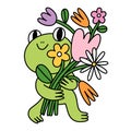 Cute little frog with flowers, vector illustration